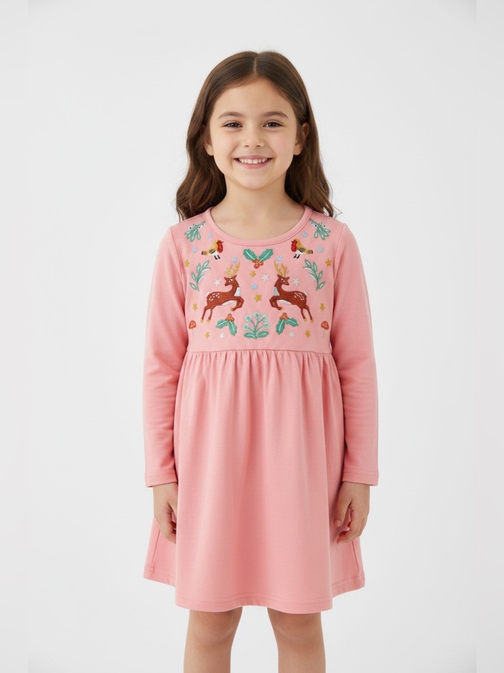 Pink Toddler  Girl Holiday Dress Embroidered Animal Friends Festive Christmas 4
